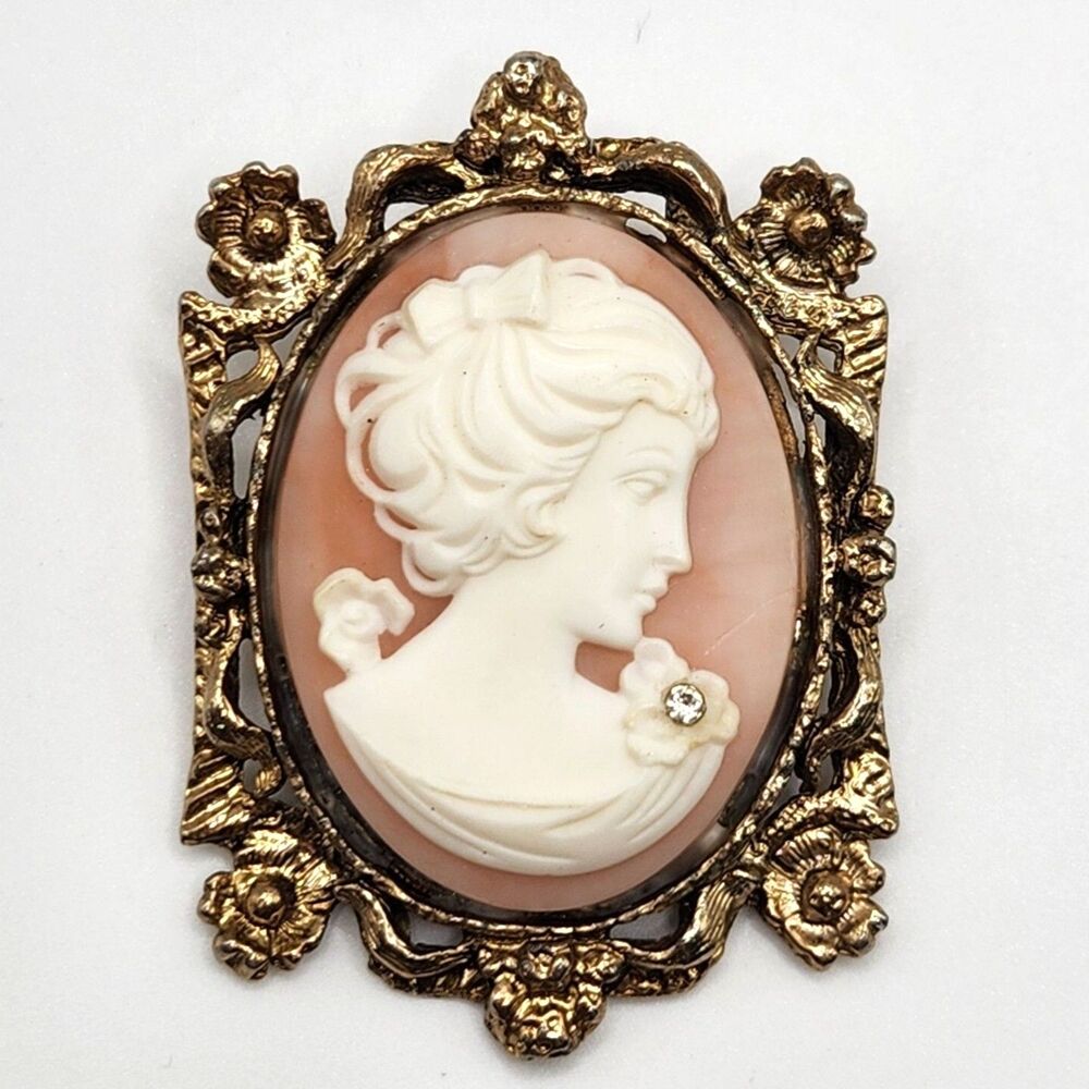 Mid Century Jeweled Cameo Pendant Brooch Baroque French Provincial Gold Frame 2"